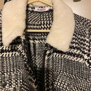 Plaid jacket with shearling collar